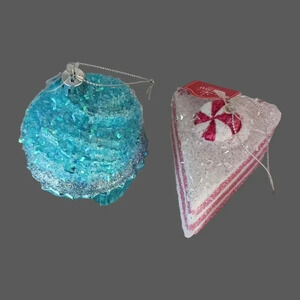 Holiday time peppermint cake slice and cupcake christmas ornaments set of 2